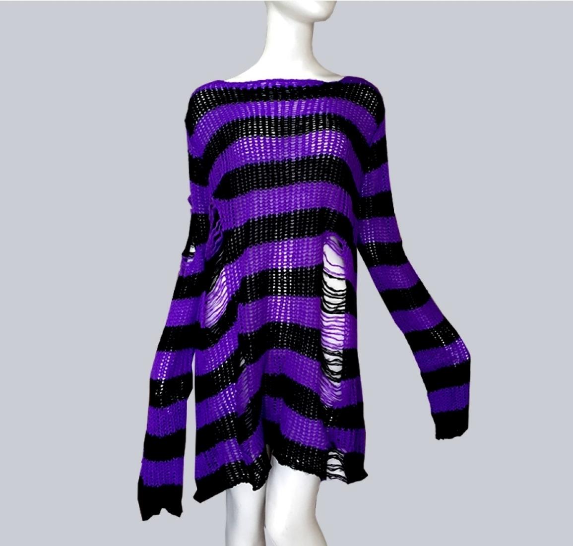

Plus Size Punk Gothic Long Unisex Sweater Dress Women Man Striped Cool Hollow Out Hole Broken Jumper Loose Rock Thin Sweter Y200119288603, Purple