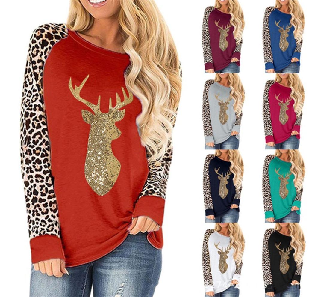 

Plus Size Women Sweater Christmas Deer Sequined Leopard Patchwork Color Round Neck Long Sleeve Tshirt 2020 Autumn Winter Clothes 3030032, Bottle green