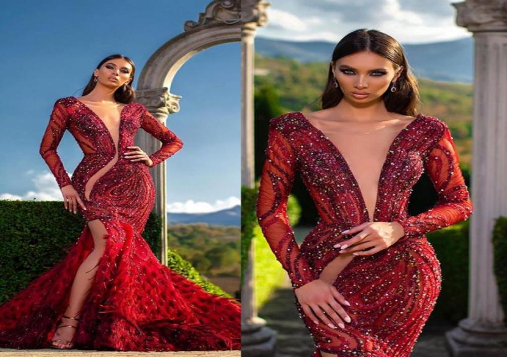 

Red Mermaid Evening Dresses V Neck Beaded Sequins Feather Long Sleeves Lumbar Prom Dress Ruffle High Split Sweep Train Formal Part8283291, Gray