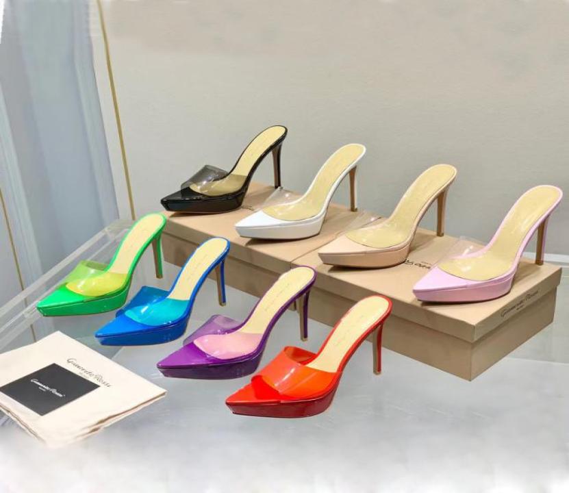 

New Grossi Rossi platform slippers highheeled sandals stiletto mules PVC high Heels 105mm slipon open toe women Luxury Designers7276298, Purple