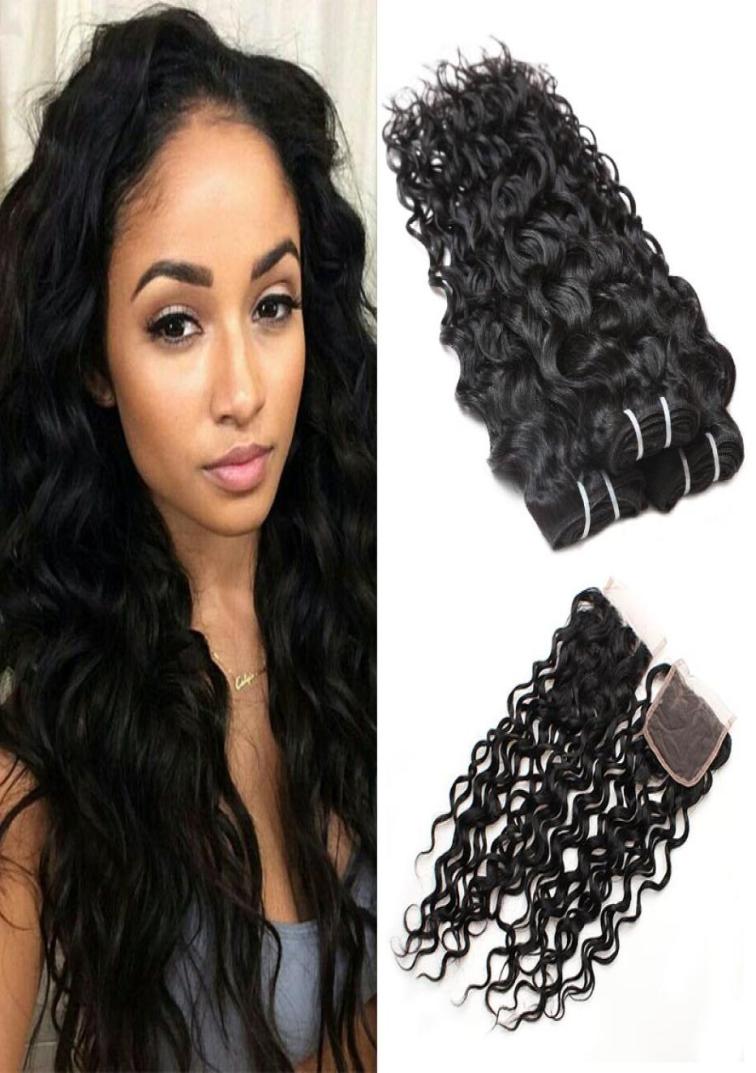 

Meetu Brazilian Water Wave Human Hair Bundles Wefts with Lace Closure Wet and Wavy Virgin Extensions Remy Weave for Women All Ages6834899, Natural color