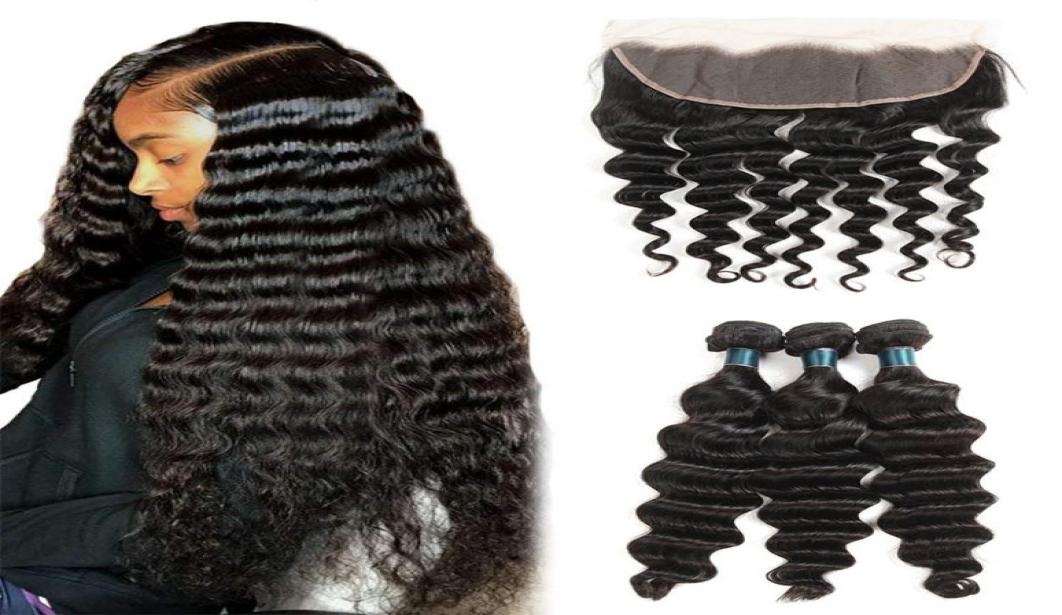 

Brazilian Loose Deep Wave Virgin Hair 3 Bundles with Closure Unprocessed Human Hair Weave with 13x4 Lace Frontal Closure8987137, Natural color