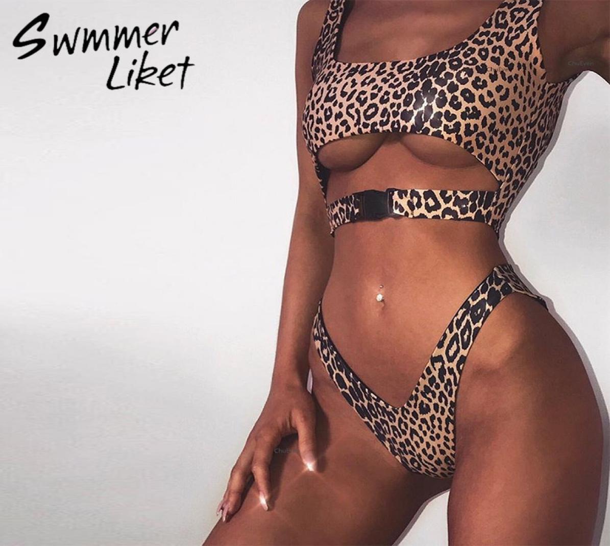 

V Bottom High Cut Bikini 2019 Buckle Sexy Swimsuit Push Up Bathers Bandeau Swimwear Women Bathing Suit Leopard Micro Bikini New S12146678, Gold
