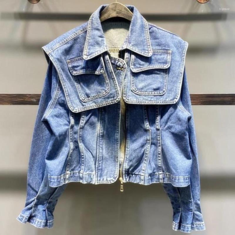 

Women' Jackets Korean Chic Vintage Design Waist Closed Short Denim Jacket Women Port Style Office Lady Wear Jean Outwear, Blue