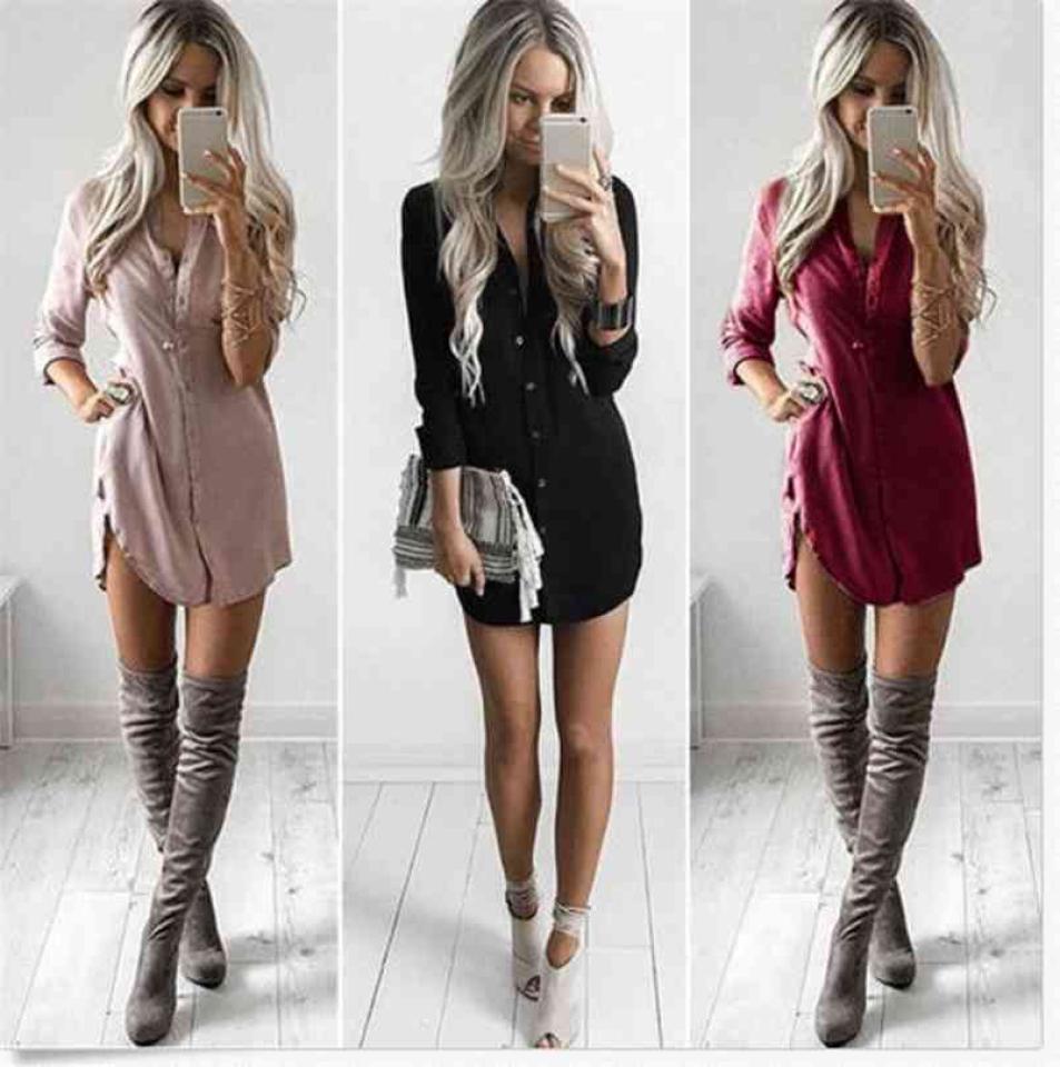 

Women Dress Sexy Long Sleeve Casual Blouse Loose Chiffon VNeck Style Solid Color Button Mini Clothing 2105222183418, Clear