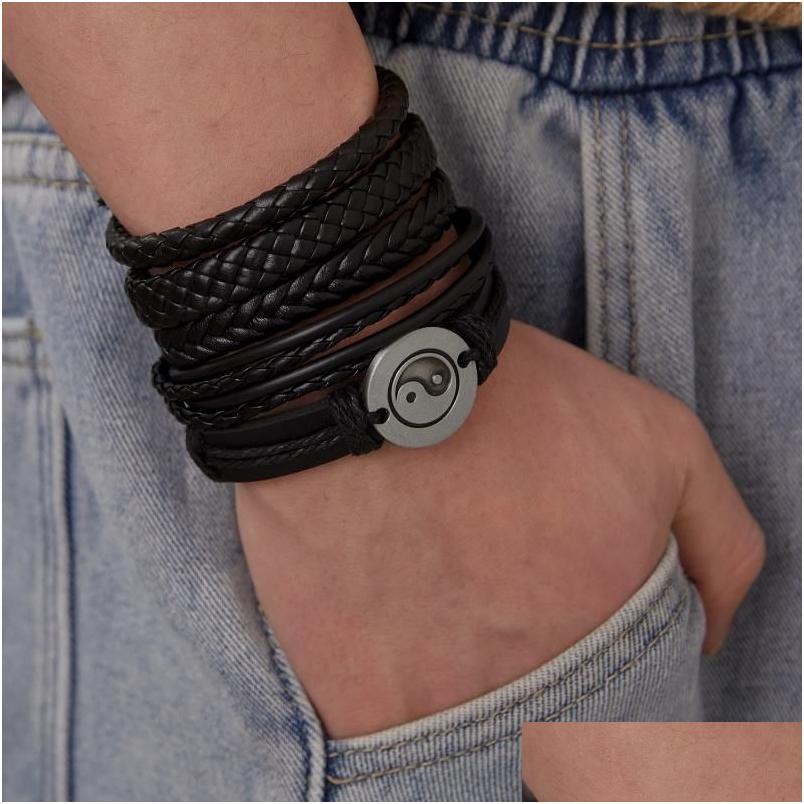 

Beaded Strand Strands Vintage Black Bead Bracelets For Men Fashion Tai Chi Leather Bracelet Bangles Mtilayer Braided Rope Wide Drop Dhcxb