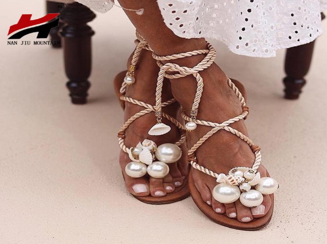 

NAN JIU MOUNTAIN Summer Sandals Women039s Flat Sandals Handmade Beads Pearl Shells Ankle Straps Plus Size 35 43 Women Shoes Y8322648, White