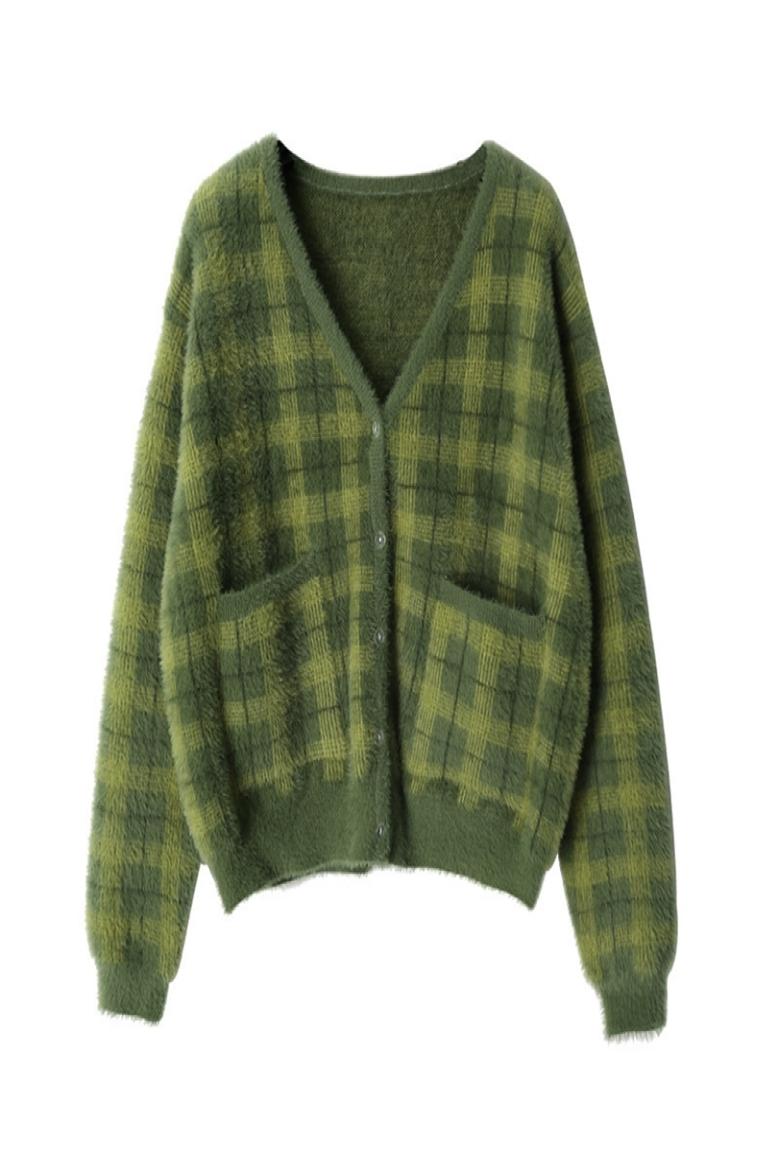 

Harajuku Fuzzy Green Plaid Cardigan With Front Button Women Cropped Cardigan Sweater CX2008143794918, Blue