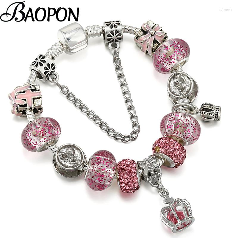 

Charm Bracelets Silver Color Crown Pendant Bracelet With Pink Glaa Beads For Women Men Girls Jewelry Gift Drop Wholesale