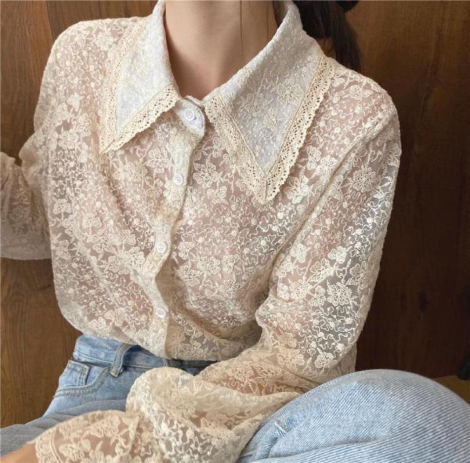 

Embroidery Lace Flower Blouse Ruffles Flare Sleeve Shirt Top Women Vintage Design Fancy Chemise Femme Renda Blusa Mujer Camisa9779516, Beige