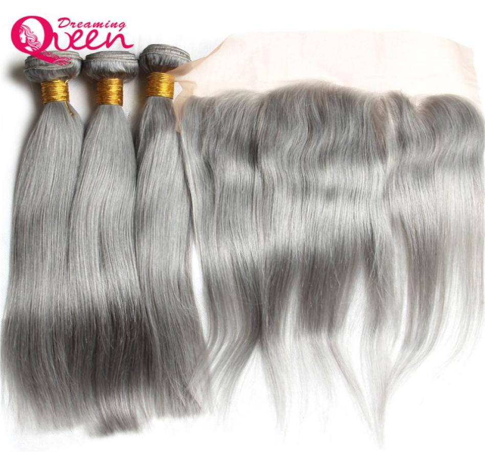 

Grey Straight Hair Ombre Brazilian Virgin Human Hair Weave Extension 3 Bundles With 13x4 Lace Frontal Closure Gray Bleached Knot F8086372, Ombre color
