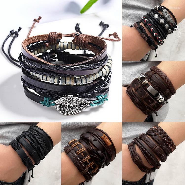 

Charm Bracelets 5pc/set Fashion Vintage Leather Bracelet Hand-woven Feather Leaf And Men's Gift