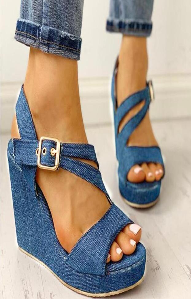 

Women039s Wedge Sandals Ladies Peep Toes Ankle Buckle Strap Denim High Heel Female PU Leather Casual Platform Woman Shoes 20219988381, Blue