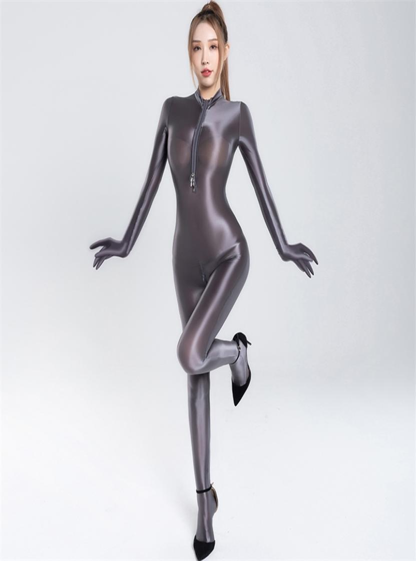 

Silky See Through Rompers Shiny Glossy Sexy Jumpsuits Women Full Body Long Sleeve Finger Gloves Clubwear High Elastic Bodysuits 224792969, Gray