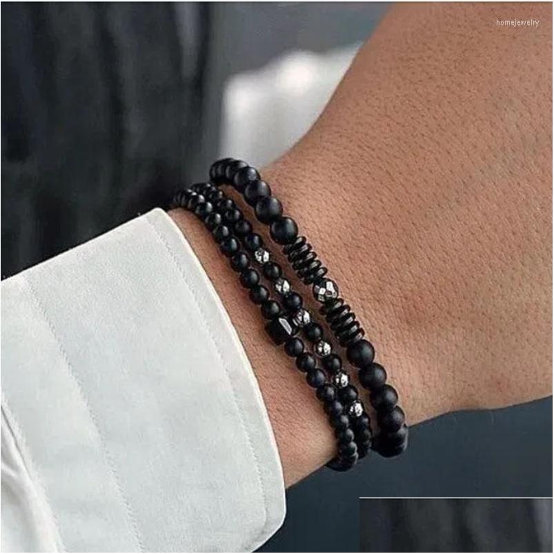 

Beaded Strand 3Pcs/Set Fashion Mens Bracelet 4/6Mm Natural Matte Stone Black/Gold/Sier Color Hematite Braclet Homme Handmade Drop De Dhjay