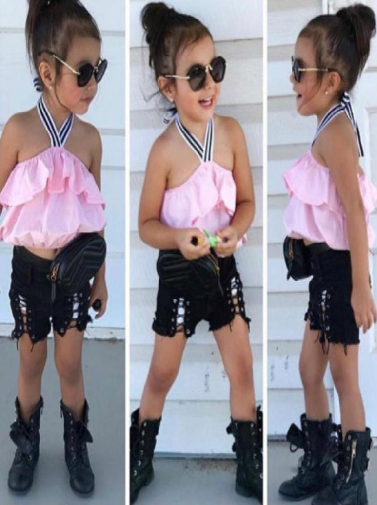 

2020 Girls Suit Girls Offtheshoulder Strap Top Jeans Shorts 2020 Style Children Summer Fashion Twopiece Sets Kids Casual Loli4471947, Pink