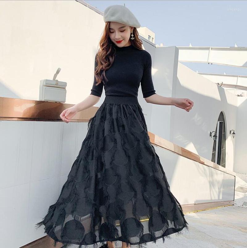 

Casual Dresses 2023 Spring Knitted Two-piece Suit Dress Female Fashion Sweet Temperament Retro Round Neck Long Sleeve