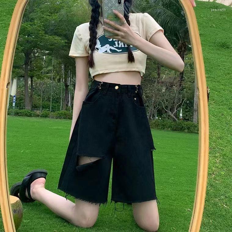 

Women' Jeans Summer Loose Ripped Holes Ladies Wide Leg Shorts Fashion Half Denim High Waist Pockets Straight Women U136, Blue