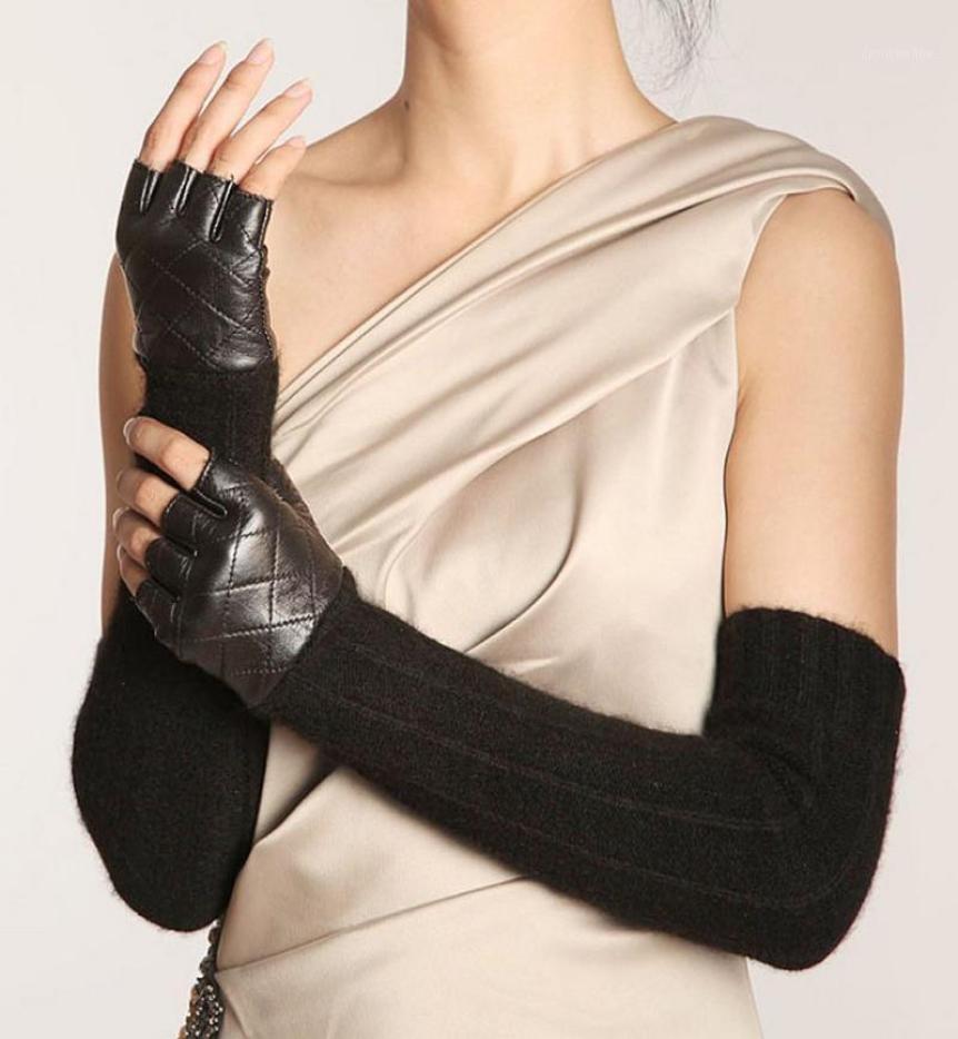 

Five Fingers Gloves Promotion Women Sheepskin Long Fingerless Punk Fashion Genuine Leather Opera Solid Lady Mitten Winter Wool Glo4003625