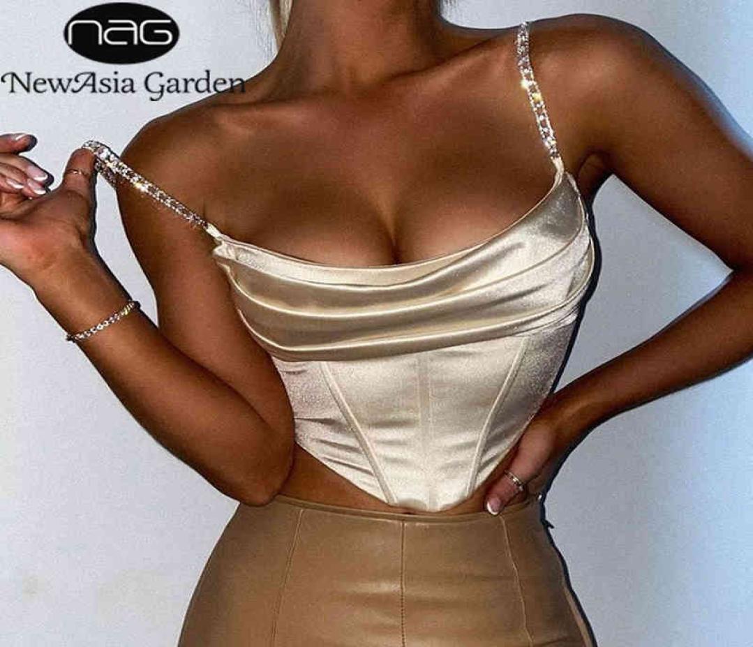 

NewAsia Ruched Corset Top Boning Pads Diamond Straps 2 Layer Elastic Zipper Sexy Cami Top Summer Bustier Woman Casual Streetwear 29819604, Brown
