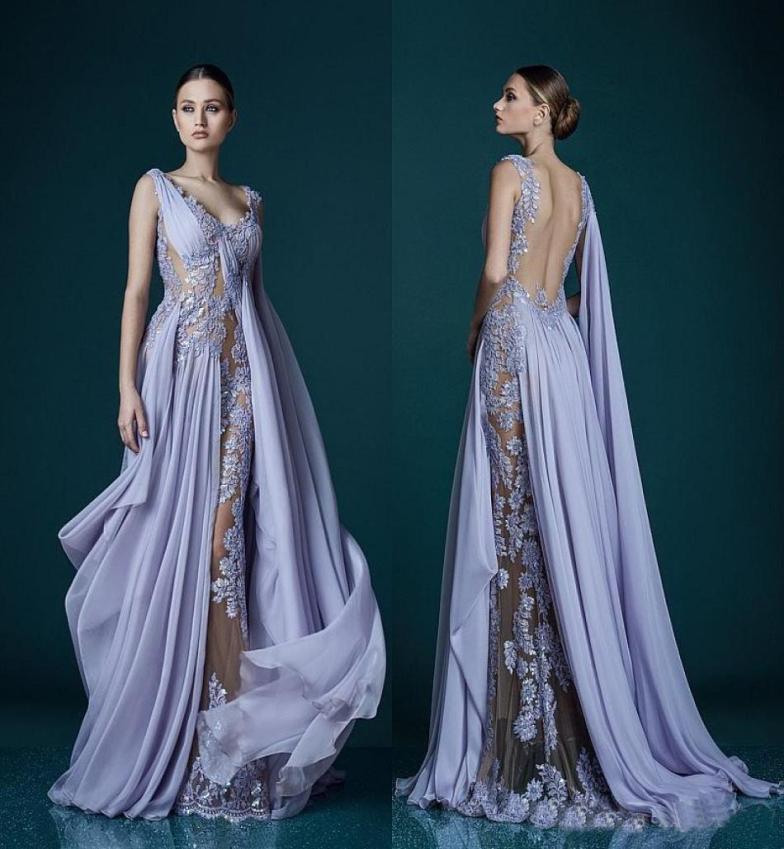 

Deep Vneck Lavender Evening Dresses With Wrap Appliques Sheer Backless Celebrity Dress Evening Gowns 2019 Stunning Chiffon Long P4554163, Light yellow