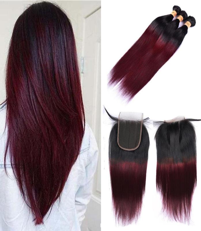 

Brazilian Ombre Burgundy Human Hair Bundles With Closure Colored 1B99J Brazilian Straight Virgin Hair Weave Extensions With Lace 7882414, Ombre color