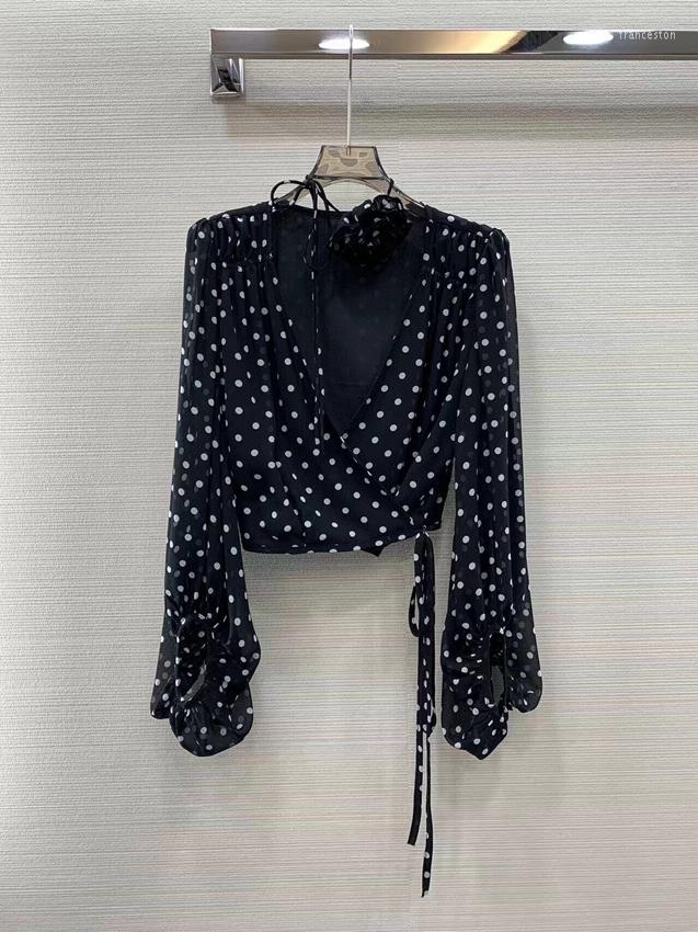 

Women' Blouses 2023 Women Fashion Lantern Long Sleeve Sexy Casual Three-dimensional Flower Deep V-neck Polka Dot Top Shirt 0319