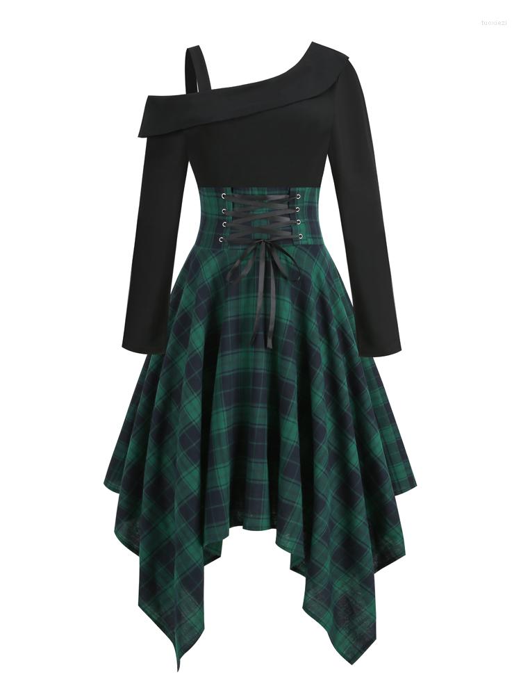

Casual Dresses 2023 Vintage One Shoulder Elegant Women Green Plaid Dress Autumn Long Sleeve Lace-Up High Waist Asymmetrical Hem Retro
