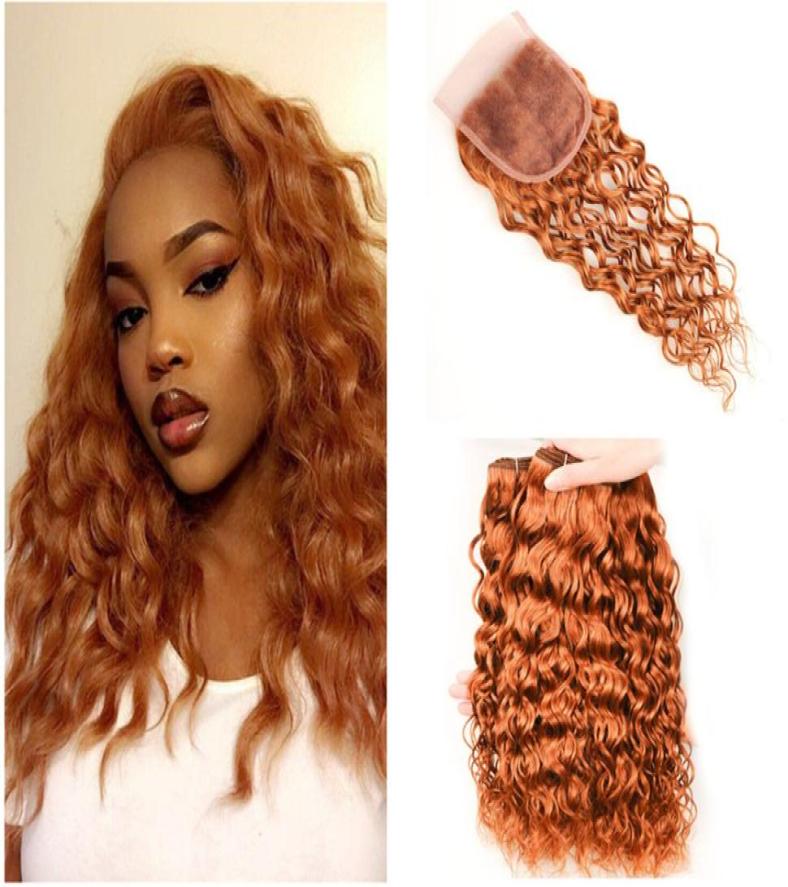 

Brown Blonde 3 Bundles with Closure Brazilian Water Wave Curly Remy Human Hair Weave 30 Auburn 44 Lace Closures 4pcs lot7550000
