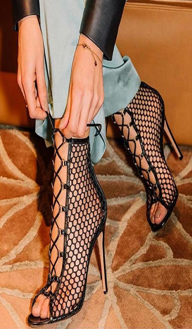 

Hollow Women Sandals Boots Cross Tied Lace Up Stiletto High Heels Summer Ankle Boot Fashion Peep Toe Short Boots Sexy Party Shoe4002379, Beige