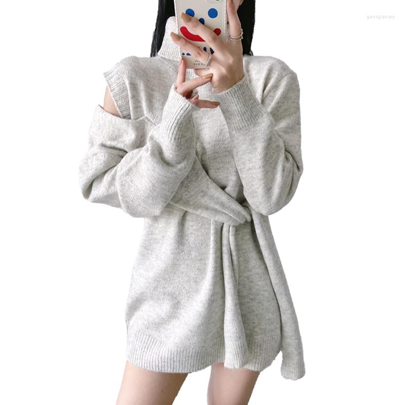 

Casual Dresses Pure Color Girl Gentle Wind Wild Ins Strapless Carefully Machine Design High Neck Sweater Long Sleeve Short Korean, Beige