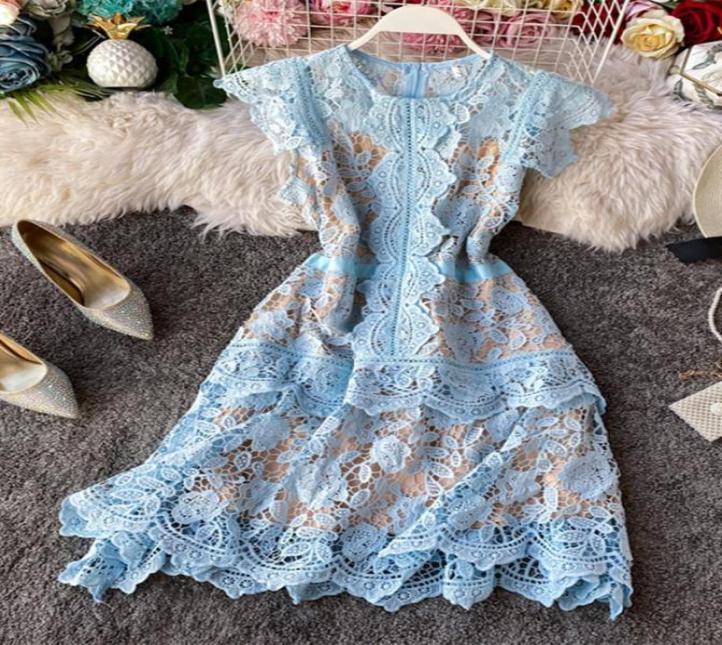 

Casual Dresses Fashion Designer Sleeveless Ruffles Summer Women ONeck Butterfly Sleeve High Waist Lace Female Hollow Out Layer Ca8554518, Sky blue