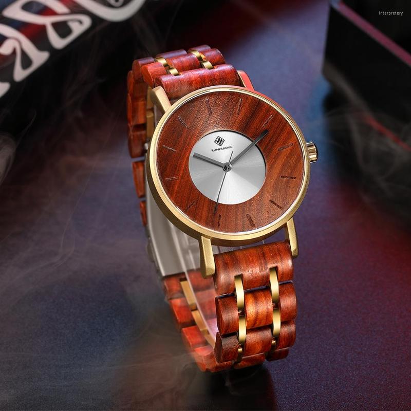 

Wristwatches KUNHUANG Creativity Fashion Personalized Custom Natural Wooden Watch Men 30M Waterproof Quartz Mens Orologio Da Uomo, Brown