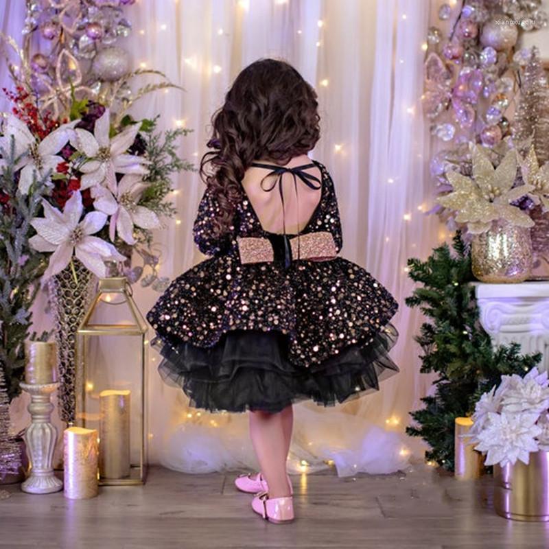 

Girl Dresses Elegant Glitter Tulle Sequins Party Wear Children Dress Knee Length Long Sleeve Flower Kids Birthday Gown, Black