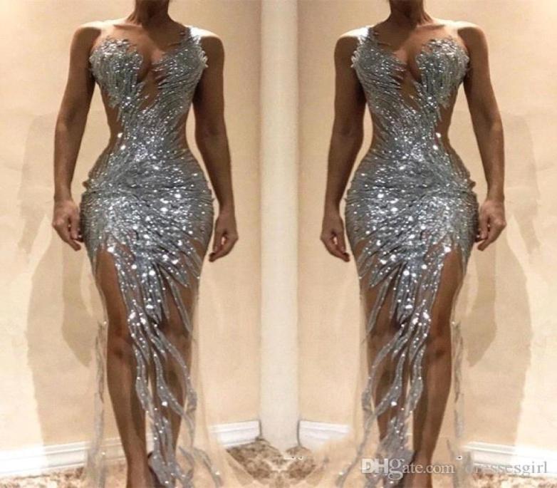 

2020 Sexy Silver Sequined Mermaid Prom Dresses Front Split See Through Evening Gown Special Occasion Party Dress BC06215922983, White