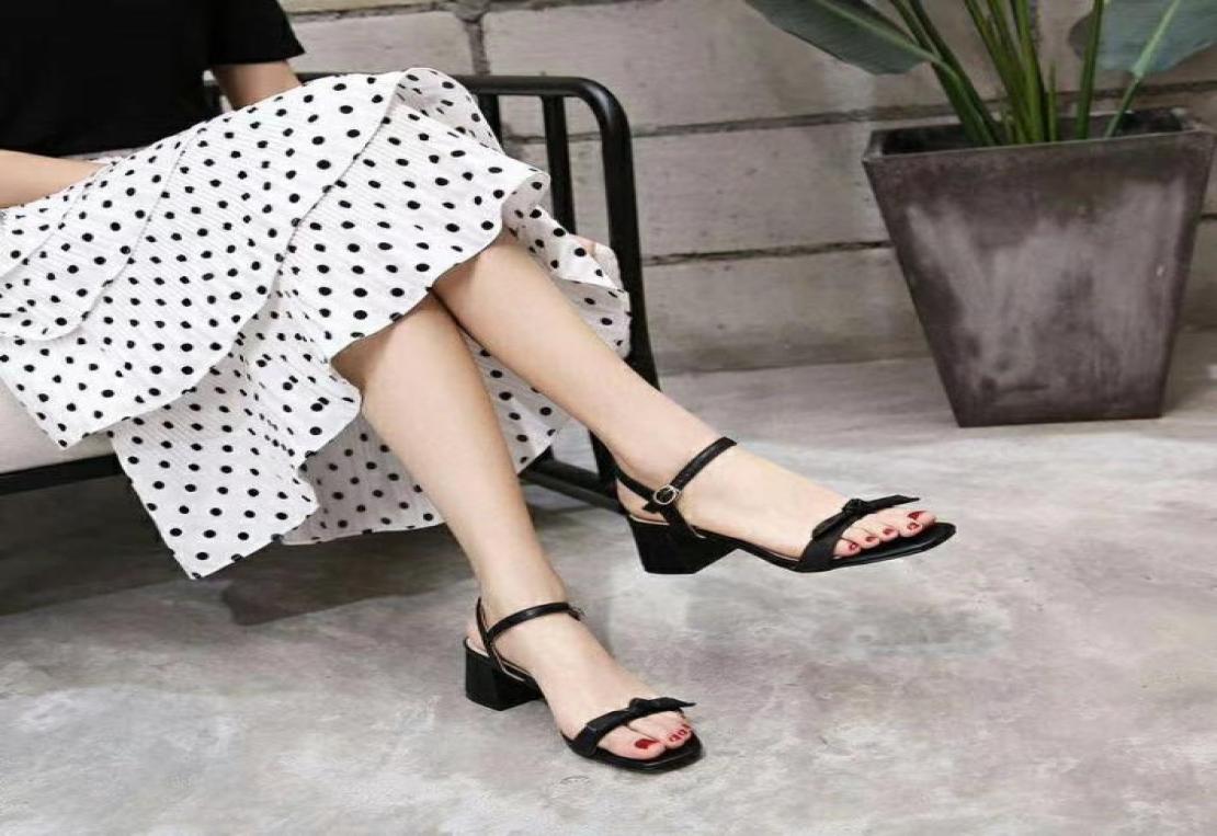 

high quality 2020031801y black white genuine leather calf skin 5cm chunky heels bowknot strappy sandals work7723697