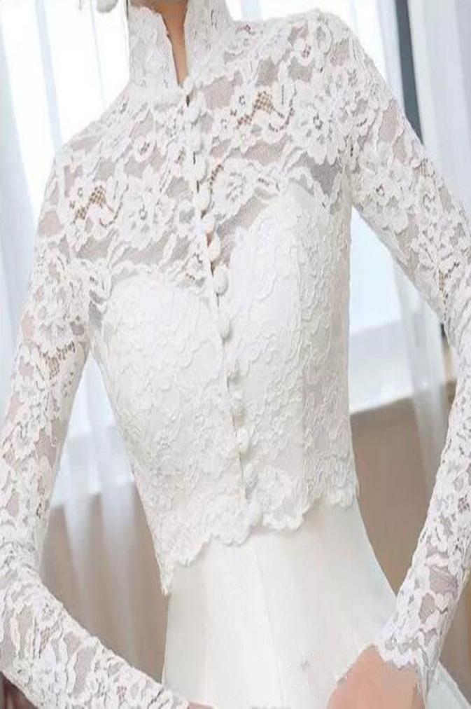 

Vintage New WhiteIvory Wedding Jacket Bridal Boleros Long Sleeve Lace Applique Top High Neck Custom Made Wraps Jackets6592694, White