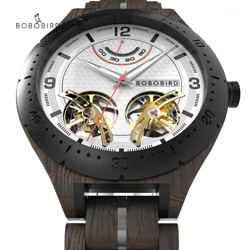 

Wristwatches Men Mechanical Watch Skeleton Design Automatic Self-Winding Wristwatch Elegant Double Tourbillon Blackwood Wooden Dress Watches, T18-2