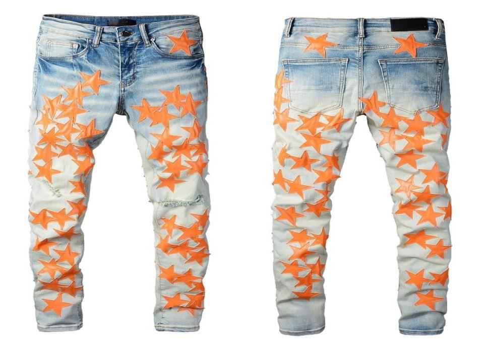 

Men jeans Skinny jeans Fashion Yellow fivepointed star embroidery Slim Motorcycle Moto Biker Causal Mens Denim Pants Hip Hop5671630, White