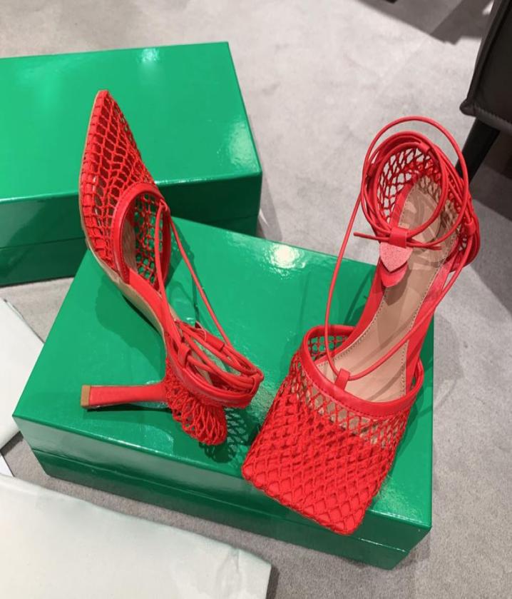 

High Heel Sandals Slippers Sandal Dress Shoes Leather Rhinestone Mesh Top Sparkle Stretch Ladies Party Wedding 2023 Designers Wome4633832, Red
