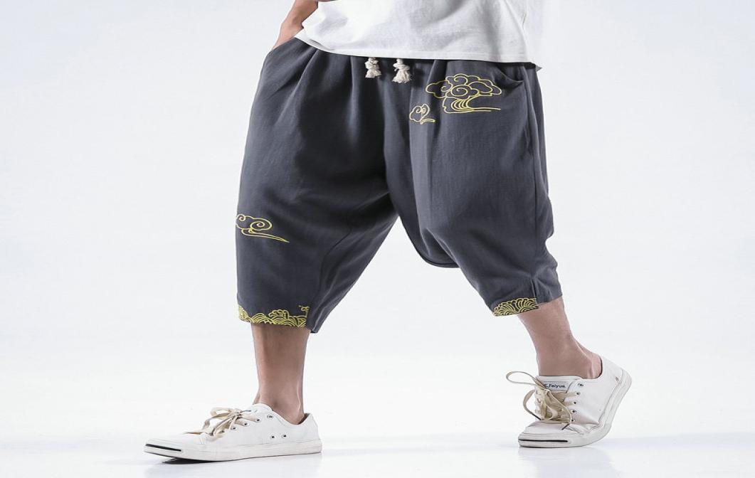 

Streetwear Casual Pants Men Cotton Linen Harem Joggers Men Chinese Style Embroidery Calflength Trousers5853006, Purple