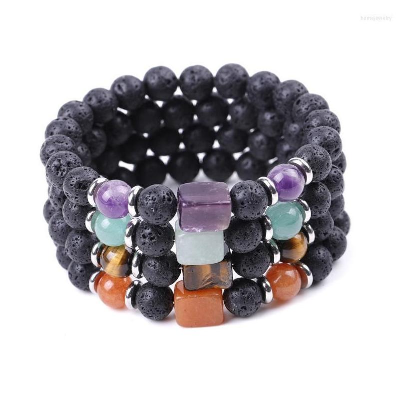 

Beaded Strand Natural Crystal Bracelet For Women Men Healing Jewelry Rock Quartz Square Steel Bead Black Lava Stone Amethysts Stretc Dh3Be