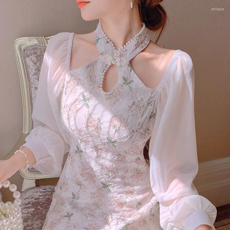 

Casual Dresses 2023 Women Embroidered Cheongsam Dress Fashion Chiffon Off-the-shoulder Sexy Slim Slit Autumn Halter Neck Evening, Beige