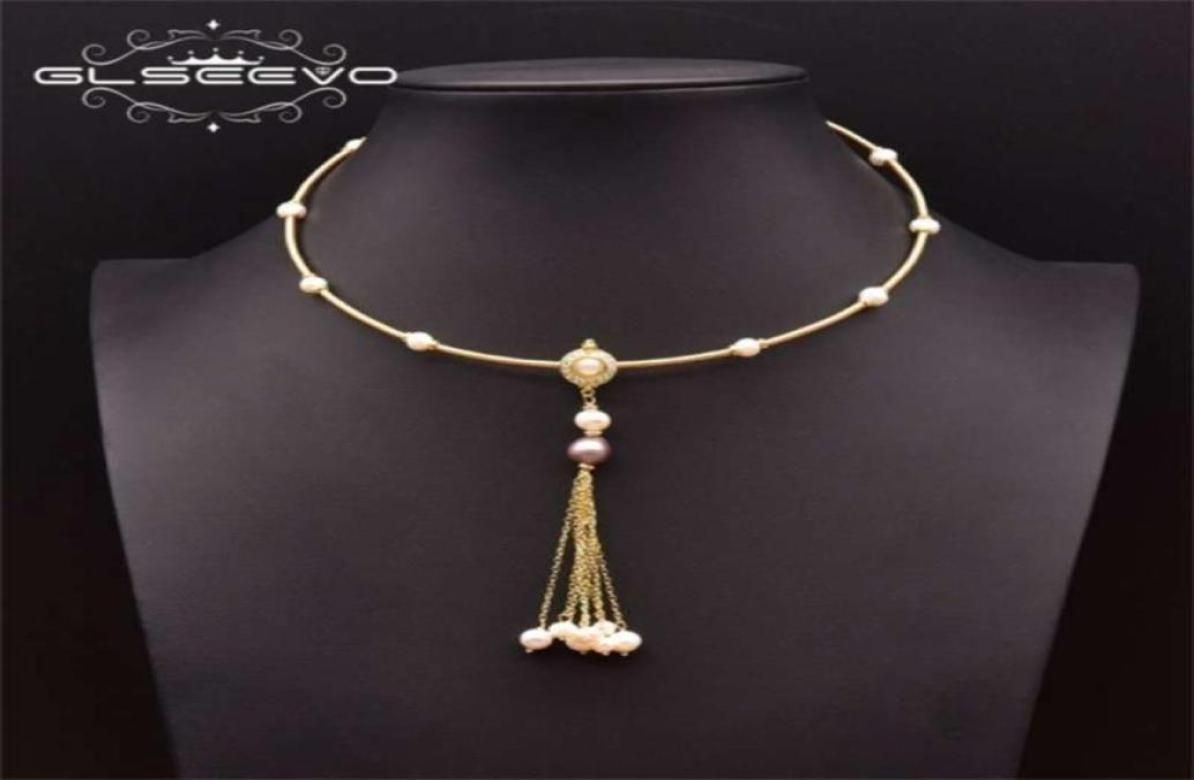 

GLSEEVO Natural Freshwater Pink Baroque Pearl Necklace on Neck Woman Handmade Tassel Pendant Style Vintage Jewelry GN0274 210929828625220