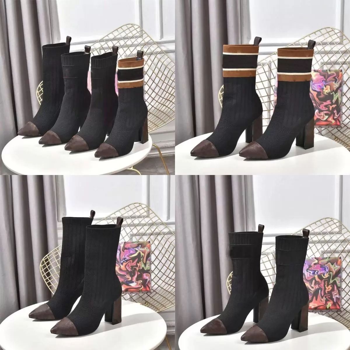 

Designer Socks Boots Laureate Knitted Elastic Knitting Chunky High Heels Shoes Winter Party Women Pointed Toes Ankle Boot Sexy Lady Letter Martin Trainers Shoe