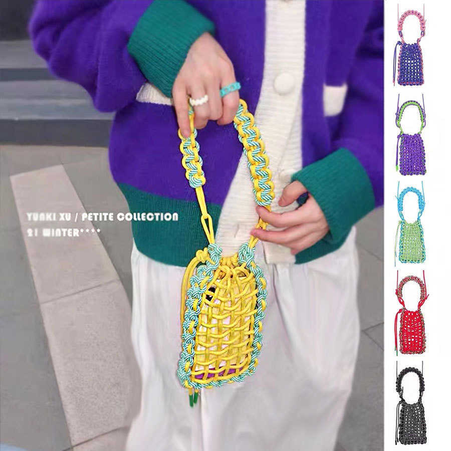 

Mini phone bag popular hollowed out rope woven women's bag niche beach vacation woven shoulder bag contrast tassel women's bag 230527, Yellow + green