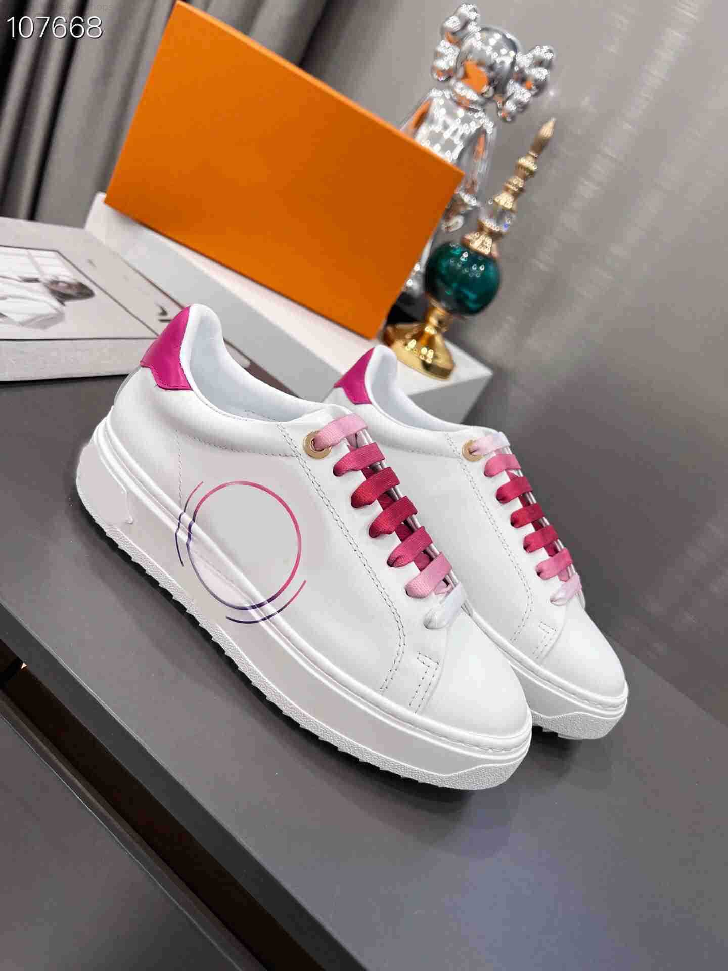 

2022 Women Luxurys Designers Shoes White Printed Calf Leather Casual Shoe Trainers Pink Blue Runner Time Out size 35-42, Color#1