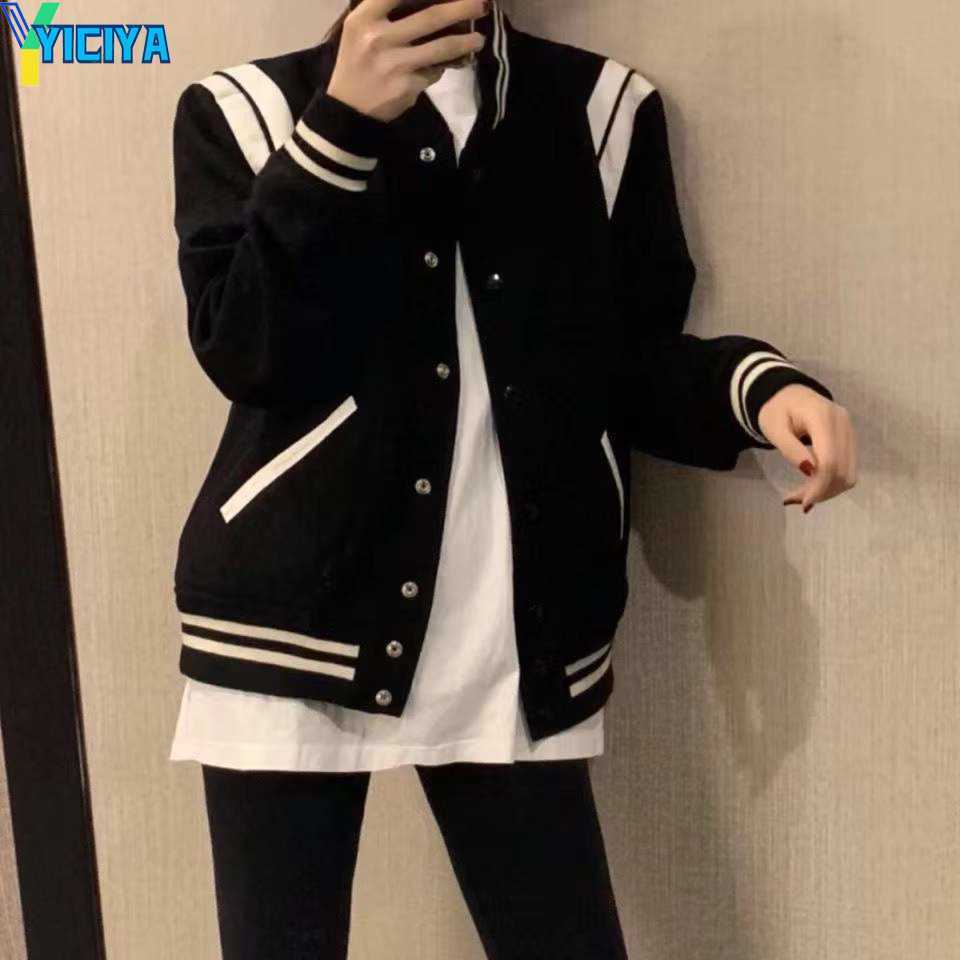 

YICIYA Men Dancers Jackets Brand Baseball Striped Designer Streetwear Patchwork Asap Harajuku College Varsity Bomber Coats Couples Clothing Stand Collar, Black