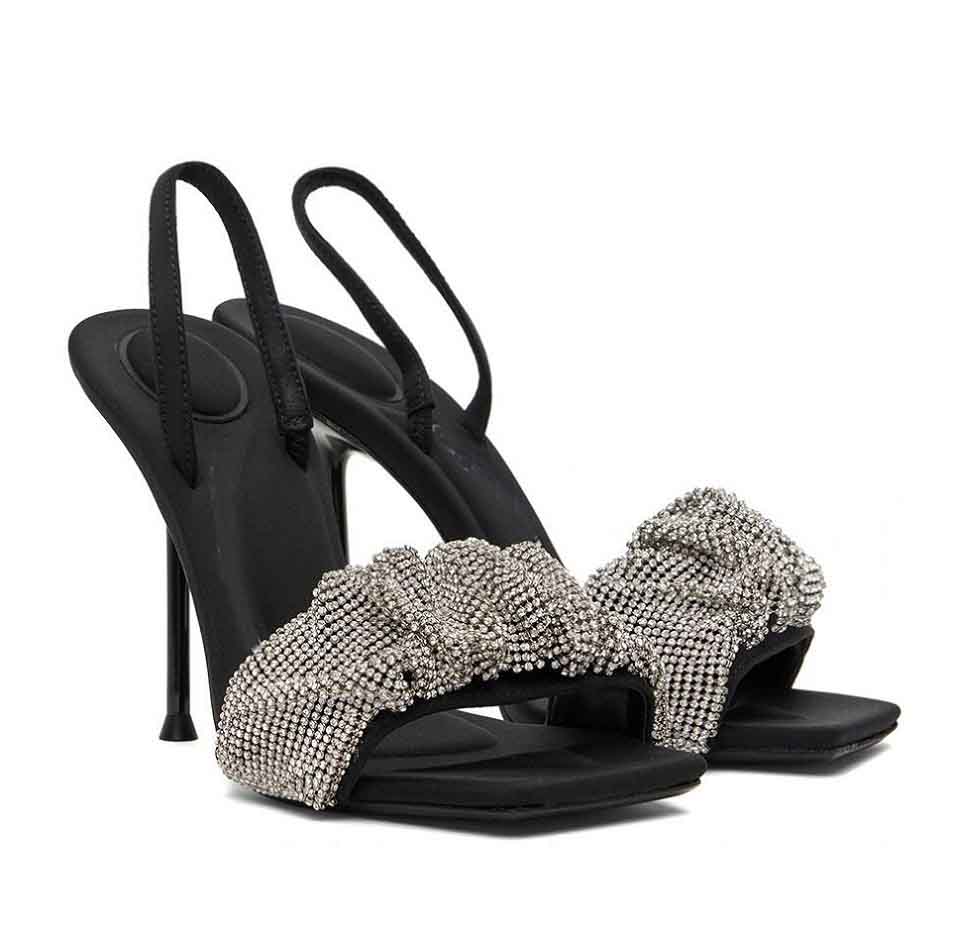 

Summer Luxury Wang Julie Sandals Shoes Black Stain Crystal Slingback Crystal Branding Straps Lady High Heels Party Wedding Dress EU35-41 Box