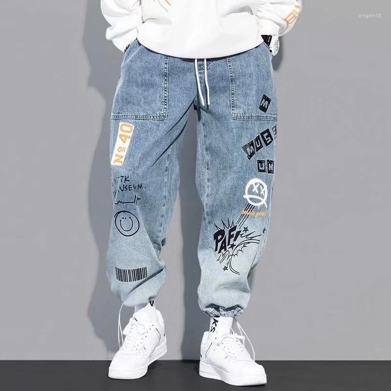 

Men's Pants Letter Print Jeans Men's Tide Loose Cartoon Graffiti Skinny Ins Drawstring Jogger Cargo, E21117